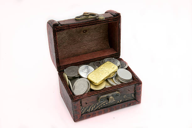 istock Old wooden chest with golden coins 494849626