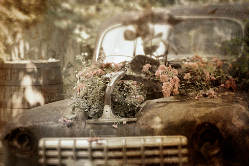 Digital art paint, selective focus flower on abandoned old car