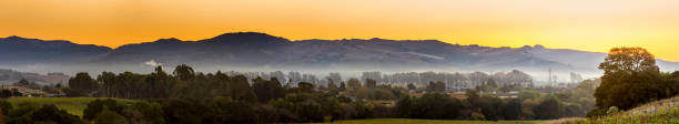 tôt le matin dans les vignobles et la ville de la vallée de napa, en californie - california panoramic crop field photos et images de collection