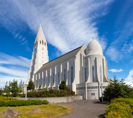 Church building at Tjörnin city pond in Reykjavik, Iceland