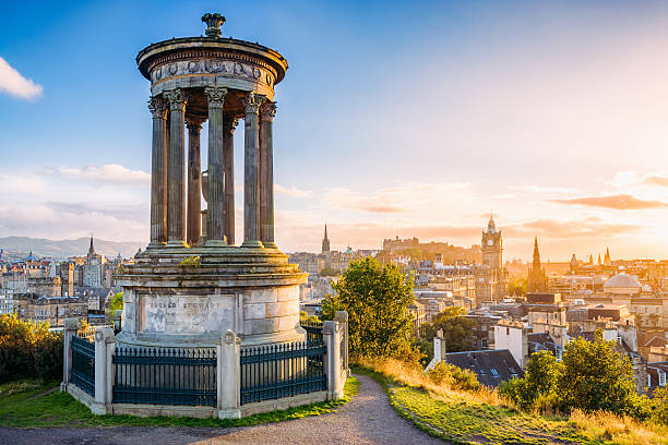 Historic monument on Calton Hill with panoramic views of Edinburgh, Scotland. A popular tourist destination featuring neoclassical architecture and scenic city vistas.**