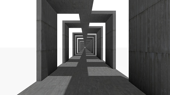 Abstract corridor, made in concrete on white background