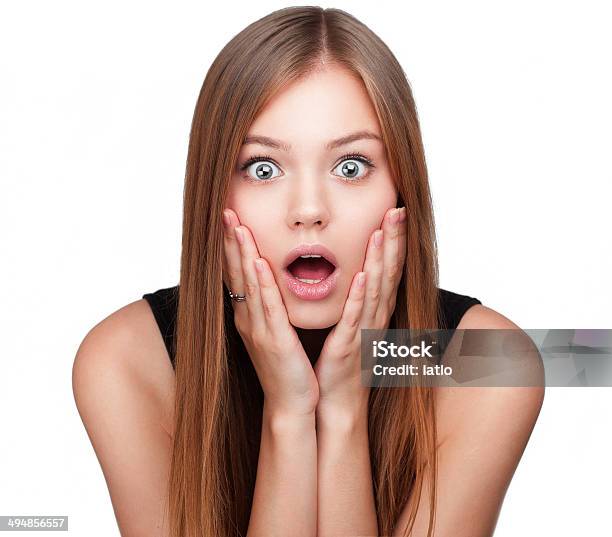 Closeup Portrait Of Surprised Beautiful Girl Stock Photo - Download Image Now - Surprise, Women, White Background