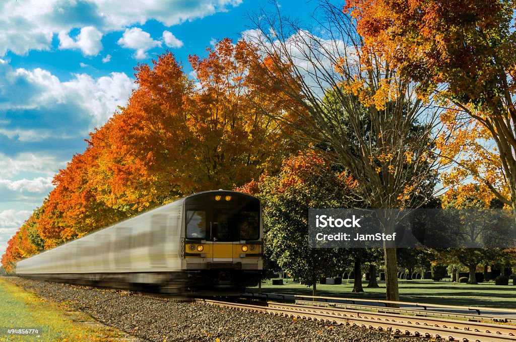 Fall Foliage in Farmingdale Approaching LIRR train in Farmingdale, NY (Long Island) Farmingdale - New York State Stock Photo