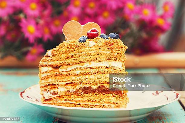 Slice Of Layered Honey Cake Stock Photo - Download Image Now - 2015, Baked, Baked Pastry Item