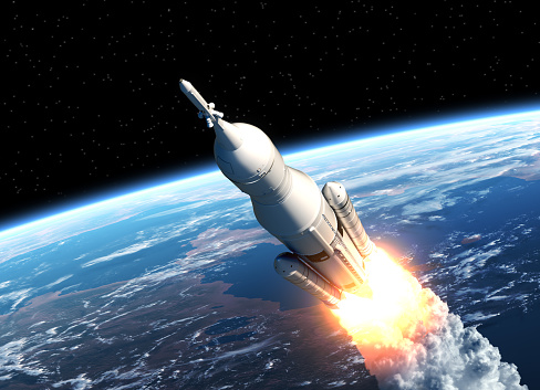 Conceptual image of small spaceship taking off with fire and smoke. Concept of making a succesful launch.