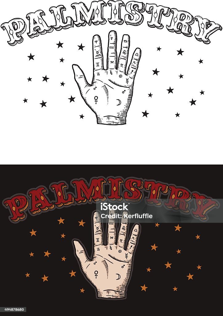 Palmistry Vector drawing of a hand and lettering.  Fortune Teller stock vector