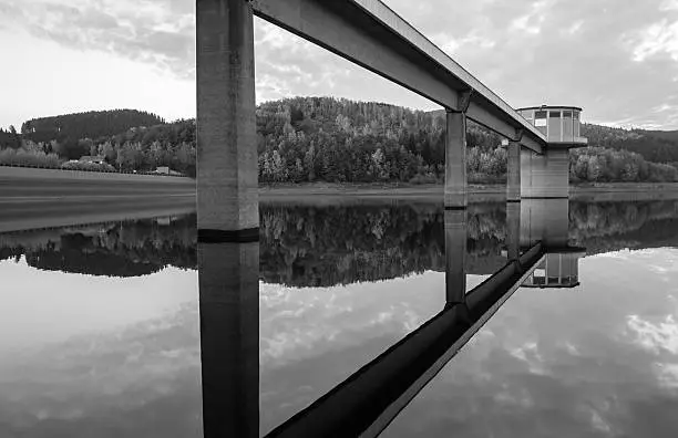 drinking water dam in black and white
