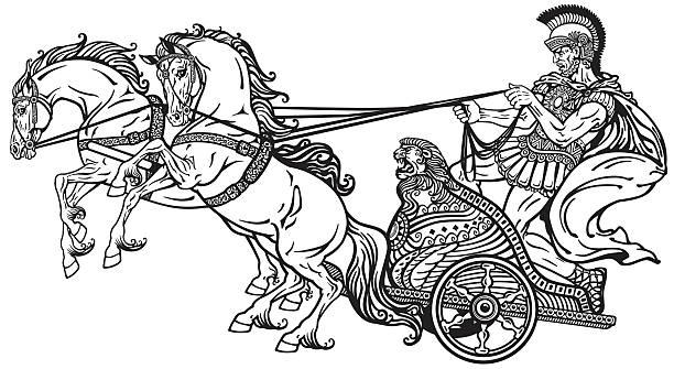 ilustrações, clipart, desenhos animados e ícones de roman bigas em preto e branco - chariot