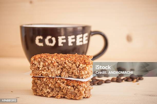 Energy Bars And Coffee In A Cup Stock Photo - Download Image Now - 2015, Berry Fruit, Breakfast