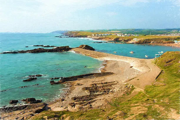 Bude beach and coast North Cornwall between Tintagel and Clovelly England UK blue sea and sky illustration like oil painting