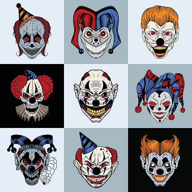 illustrations, cliparts, dessins animés et icônes de ensemble de neuf des images peintes fantastique effrayant clown - clown evil horror spooky