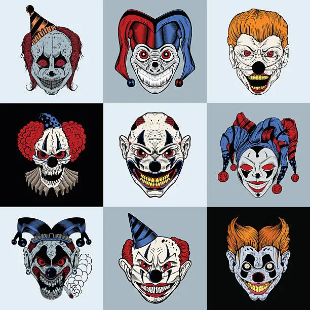 Vector illustration of Set of nine images with painted fantastic scary clown