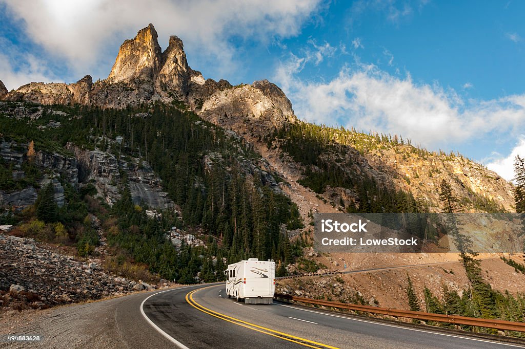 North Cascades Highway Liberty Bell Mountain is located in the North Cascades, approximately one mile south of Washington Pass on the North Cascades Highway and is popular among rock climbers. Motor Home Stock Photo