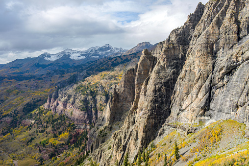 Autumn view of rugged cliffs and mountains surrounding the Town of Telluride, seen from Black Bear Pass Road at Ingram Peak.