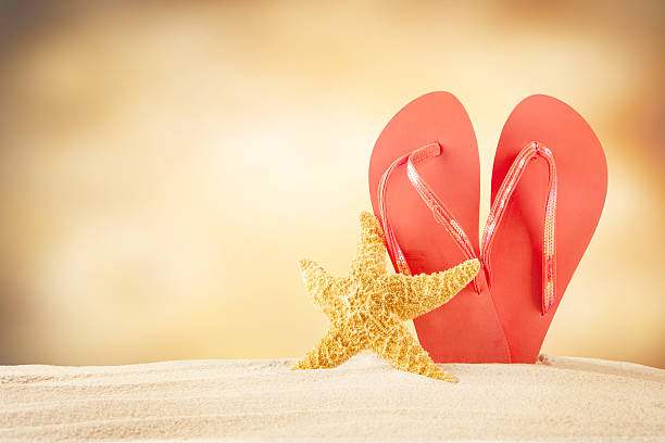 istock Summer beach with red sandals and seastarr 494894631