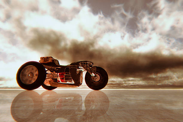 Steampunk motorbike against storm clouds.