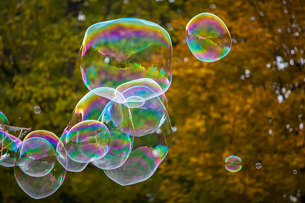 istock soap bubbles flying in the air with trees background 494895986