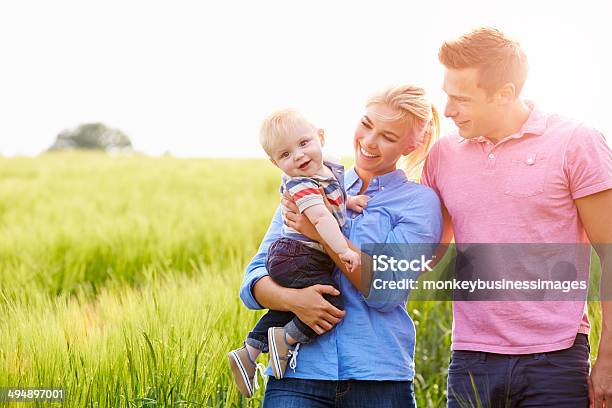 Family Walking In Field Carrying Young Baby Son Stock Photo - Download Image Now - Family, White People, Copy Space