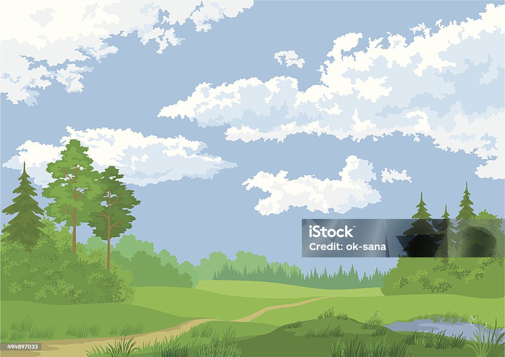 Landscape, summer forest Landscape, summer green forest and blue sky. Vector Blue stock vector