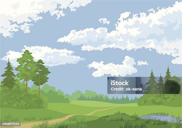 Landscape Summer Forest Stock Illustration - Download Image Now - Blue, Cloud - Sky, Coniferous Tree