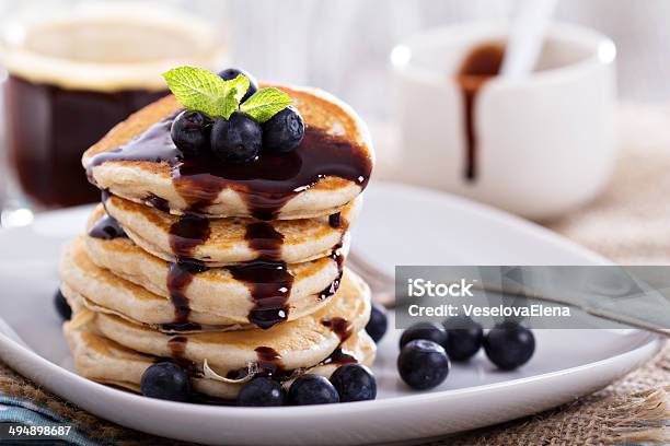 Eggless Pancakes With Blueberries And Chocolate Stock Photo - Download Image Now - Berry, Berry Fruit, Blueberry
