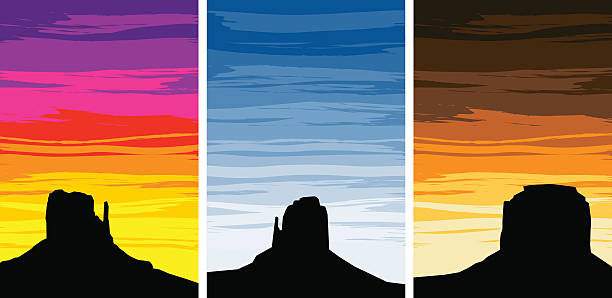 ilustrações de stock, clip art, desenhos animados e ícones de silhuetas de monument valley ao nascer do sol, pôr do sol - arizona desert landscape monument valley