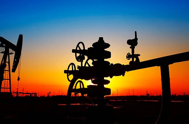 石油パイプライン、エネルギッシュなユニットのシルエット - oil industry oil construction platform oil field ストックフォトと画像