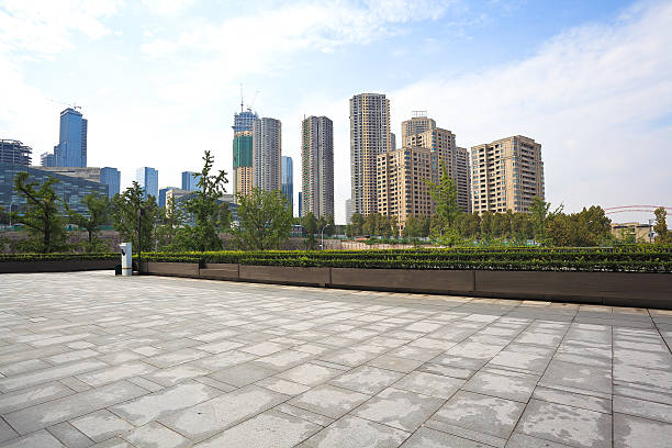 istock Empty marble floor with city building background 494903052