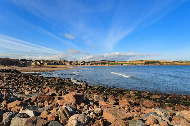 istock Rock and beach at Stonehaven bay 494904616