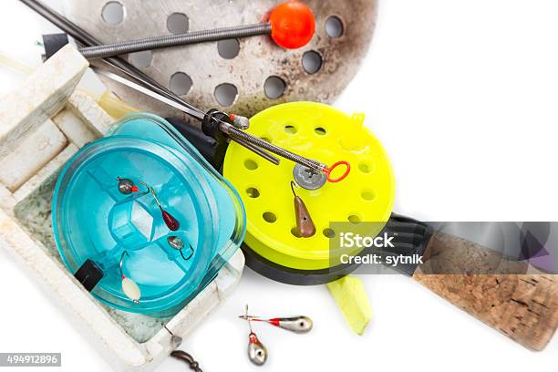 Closeup Ice Fishing Tackles Stock Photo - Download Image Now - 2015, Activity, Artificial