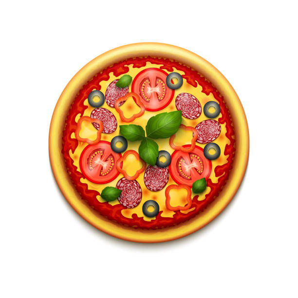 illustrazioni stock, clip art, cartoni animati e icone di tendenza di pizza - pepperoni pizza green olive italian cuisine tomato sauce