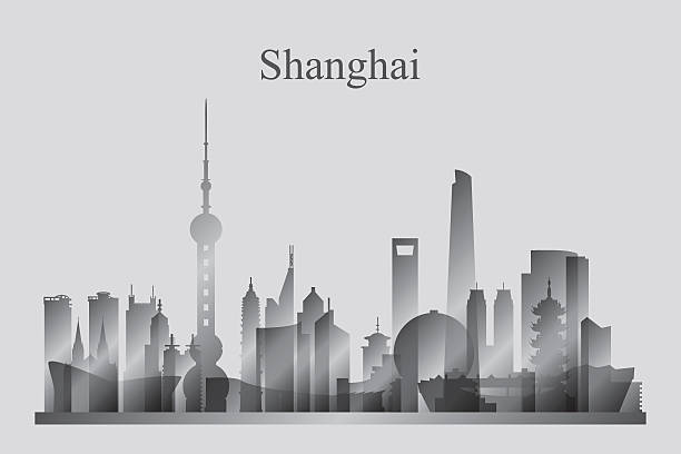 shanghai skyline silhouette in schwarz-weiß - shanghai stock-grafiken, -clipart, -cartoons und -symbole