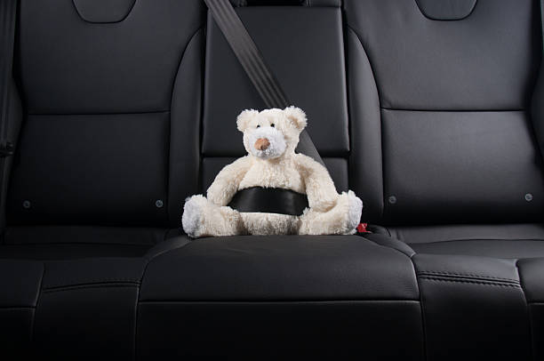 istock Teddy bear fastened in the back seat of a car 494917742