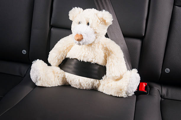 istock Teddy bear fastened in the back seat of a car 494917768