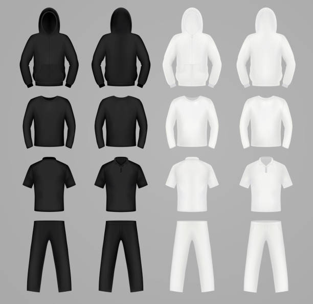 ilustraciones, imágenes clip art, dibujos animados e iconos de stock de siluetas ropa de colores, blanco y negro, y camiseta hoodie - shirt jacket template t shirt