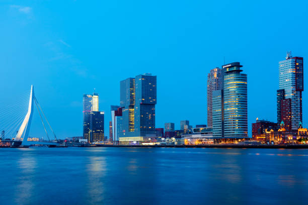 istock Rotterdam, Skyline Illuminated at Dusk with Erasmus Bridge, Netherlands 494924300