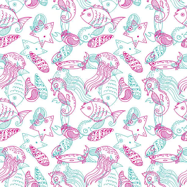 Vector illustration of Cartoon seamless pattern with sea animals.