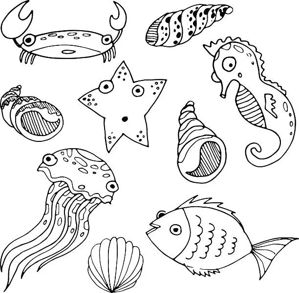 Vector illustration of Vector sketch cartoon sea animals