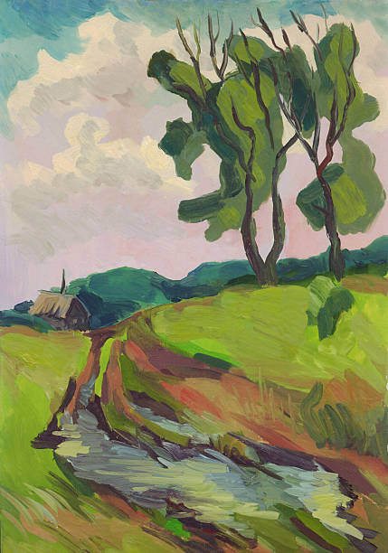 istock rural countryside landscape in summer, oil painting 494925854