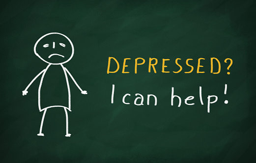 On the blackboard draw character and write Depressed? I can help!