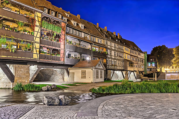 Evening view of Bridge Kramerbrucke in Erfurt, Thuringia, Germany