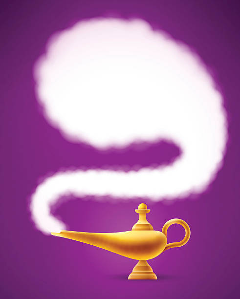 ilustraciones, imágenes clip art, dibujos animados e iconos de stock de genio de la lámpara mágica - magic lamp genie lamp smoke