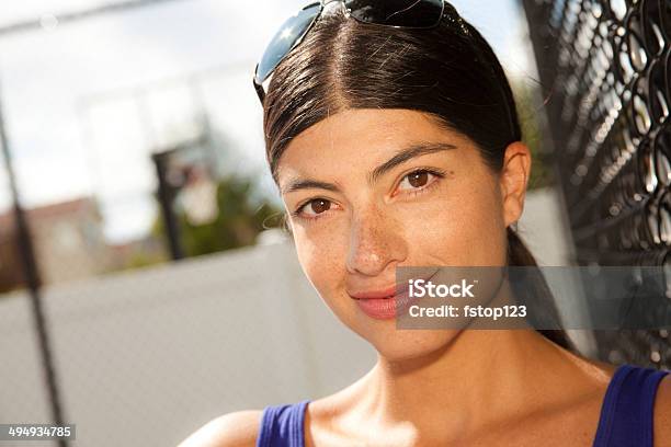 Casual Latin Descent Young Woman Sports Court Portrait Closeup Stock Photo - Download Image Now