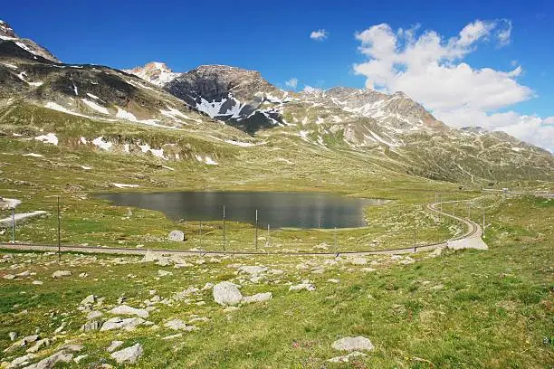 Berninapass, view of Alpine lake with railways in Switzerland