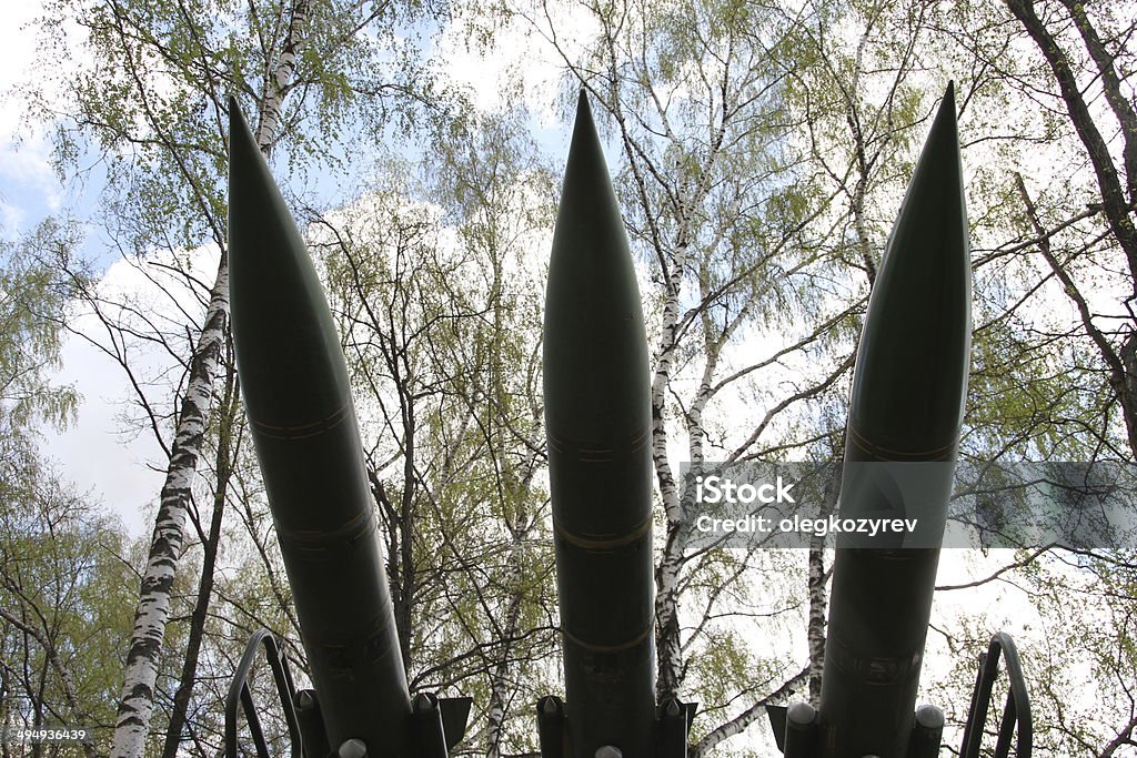 Russian missiles amid Birch Three Russian missiles on the background of white birches Army Stock Photo