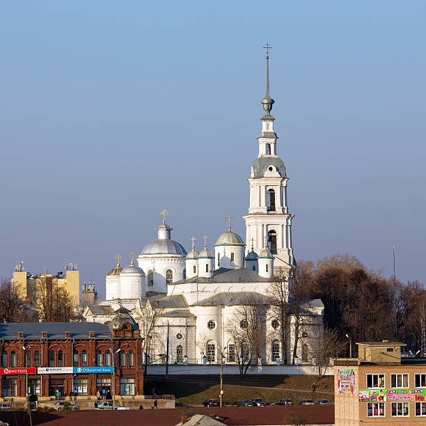 Assumption Cathedral, Trinity Cathedral and Belfry in Kineshma. Kineshma, Russia - November 19, 2014: Assumption Cathedral, Trinity Cathedral and Belfry. Assumption Cathedral was built in 1745, Trinity Cathedral was built in 1836 and the Belfry was built in 1798 ivanovo oblast photos stock pictures, royalty-free photos & images