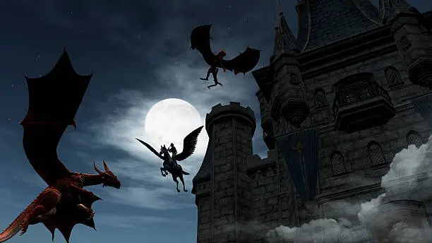 Illustration of two Red Dragons attacking the castle. An elf on pegasus protect it.