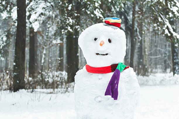 Allegro pupazzo di neve inverno tre palla con faccina sorridente e carota naso - foto stock