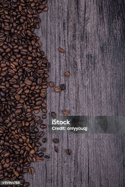 Coffee Beans On Wood Stock Photo - Download Image Now - 2015, Black Color, Breakfast